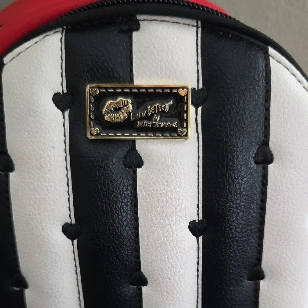 Betsey Johnson Black and White Striped Backpack with Red Accent